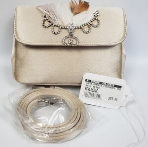 Rena Caovilla Elegant Cream Satin with Feather and Rhinestone Detail 6 x 4.5
